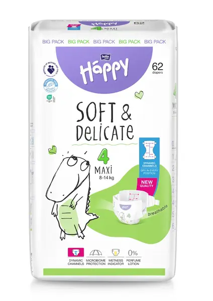 Scutece Happy Soft & Delicate 8-14 kg Maxi Marimea 4, 62 bucati, Bella Baby