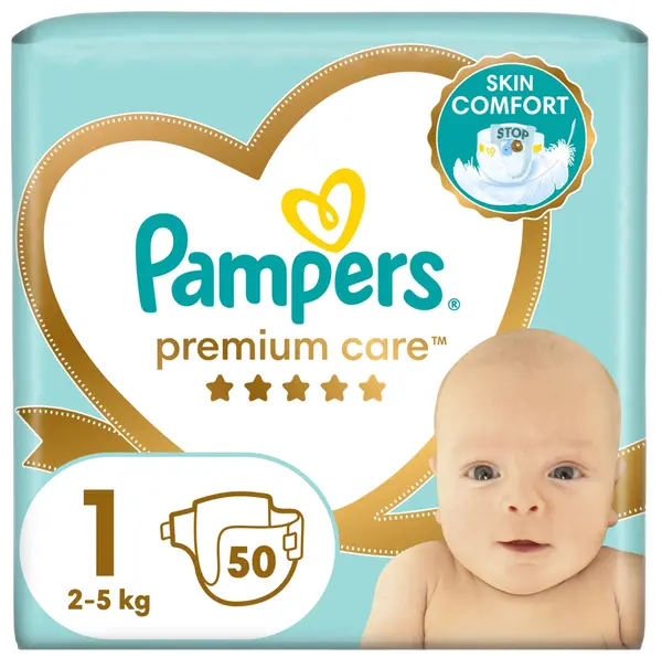 Scutece Pampers Premium Care - Mărimea 1, 2-5 kg, 50 buc