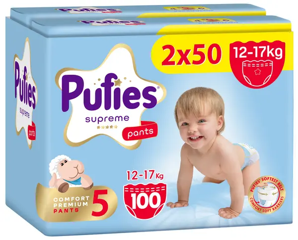 Scutece pantalonași Pufies Supreme - Mărimea 5 Junior, 100 bucăți, 12-17 kg, 2 x Jumbo Pack