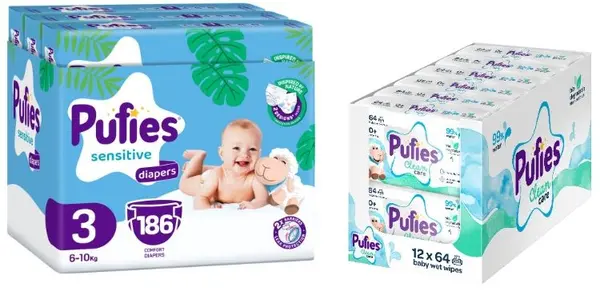 Scutece pentru bebeluși Pufies Sensitive - Midi, mărimea 3, 186 buc, 6-10 kg + șervețele umede, 12 x 64 buc