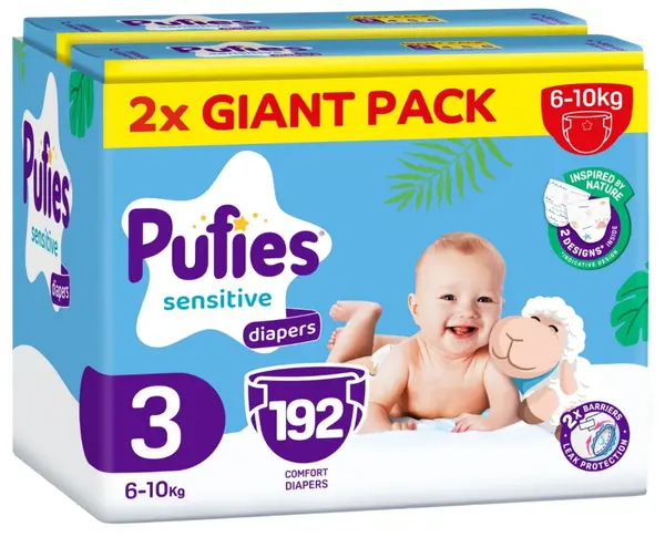 Scutece pentru bebeluși Pufies Sensitive - Midi, mărimea 3, 6-10 kg, 192 buc, Giant Pack