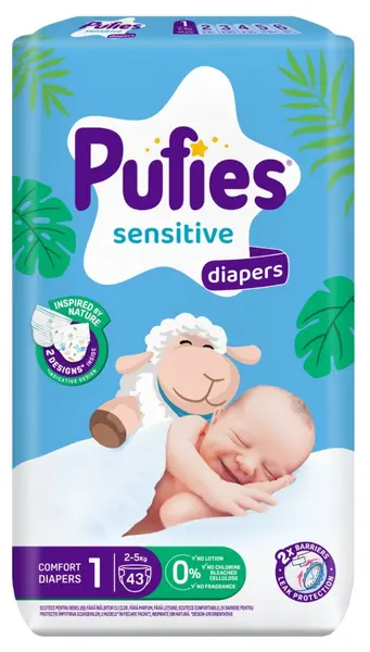 Scutece pentru bebeluși Pufies Sensitive - Newborn, mărimea 1, 2-5 kg, 43 buc