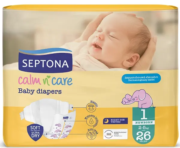 Scutece pentru bebeluși Septona - Calm n' Care, Newborn, mărimea 1, 2-5 kg, 26 bucăți
