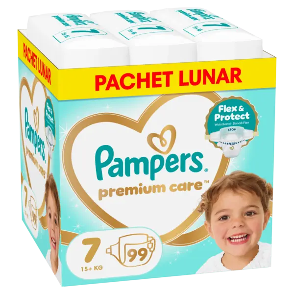Scutece Premium Care Marimea 7 pentru 15+ kg, 99 bucati, Pampers
