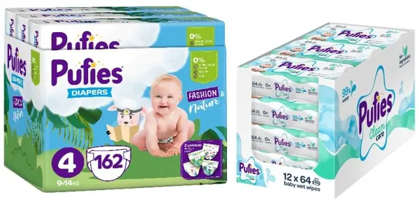 Scutece Pufies Fashion & Nature - Mărimea 4, 9-14 kg, 162 buc + șervețele umede Pufies Clean Care, 12 х 64 buc