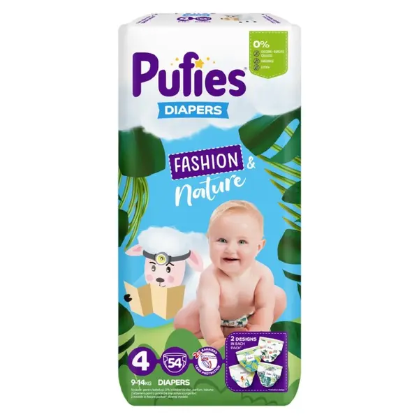 Scutece Pufies Fashion & Nature, Maxi Pack, 4 Maxi, 9-14 kg, 54 buc