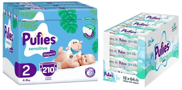 Scutece Pufies Sensitive - Mărimea 2, 4-8 kg, 210 buc + șervețele umede Pufies Clean Care, 12 х 64 buc