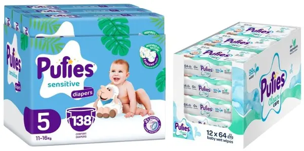 Scutece Pufies Sensitive - Mărimea 5, 11-16 kg, 138 buc + șervețele umede Pufies Clean Care, 12 х 64 buc