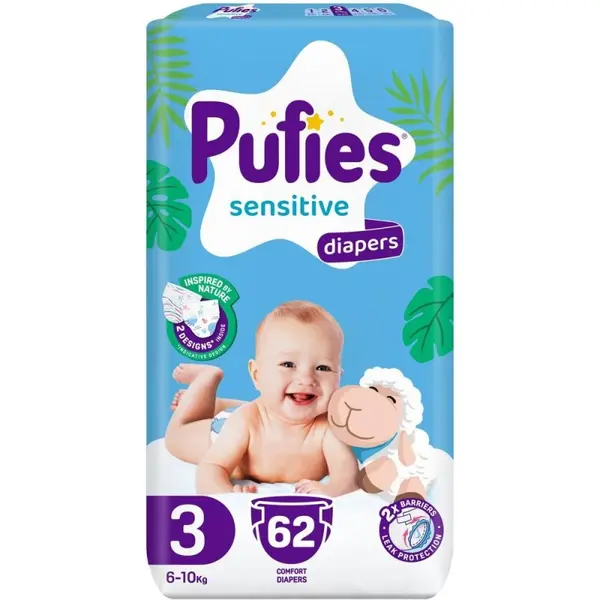 Scutece Pufies Sensitive Maxi, Marimea 3 Midi, 6-10 kg, 62 Bucati