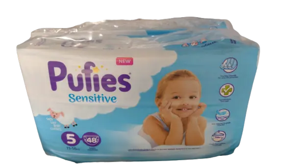 Scutece Sensitive Junior Marimea 5 pentru 11-15kg, 48 bucati, Pufies