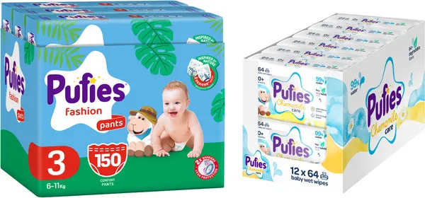 Scutece tip chiloței Pufies Fashion - Mărimea 3, 150 bucati , 6-11 kg, Multipack + luni șervețele umede, 12 х 64 bucati