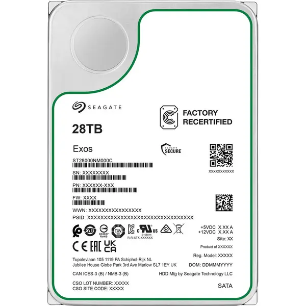 Seagate Hard Disk Seagate Exos, 28 TB, 3.5, interfata SATA 3 (6 Gb/s), Design sigilat cu heliu, T10 DIF, SuperParity, PowerChoice, PowerBalance, suport conectare la cald, protectie organica a suprafetelor