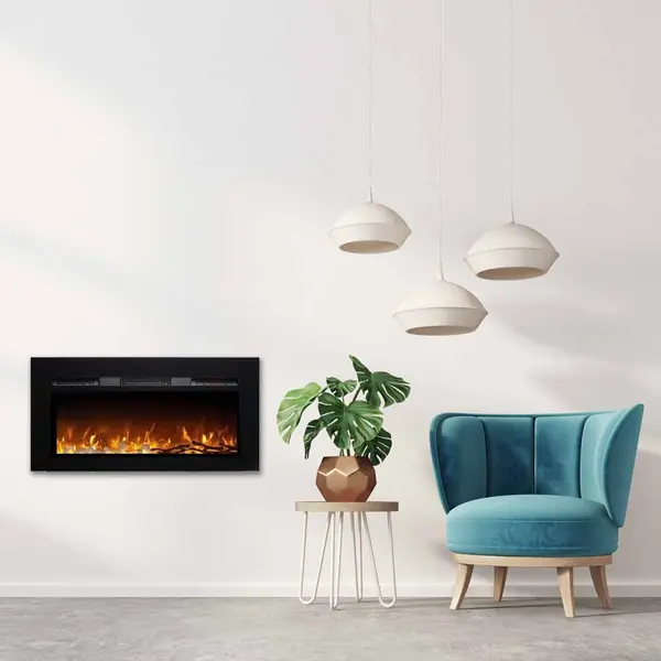 Semineu electric 3D ElectricSun PAULA GLASS negru XS, pe perete, podea sau incorporabil, cu sunet, 10 culori, Wi-Fi cu APP internet, L102xH45cm