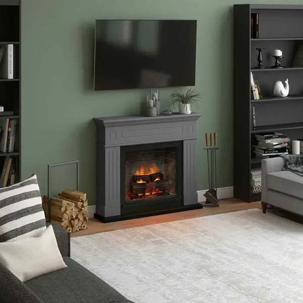 Semineu electric decorativ TAGU Larsen gri cu focar PowerFlame 2 control telecomanda Wi-Fi si comanda vocala + flacara 3D led incalzire aeroterma