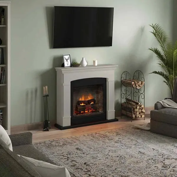 Semineu electric TAGU Helmi bej PowerFlame 2 cu incalzire si flacara 3D led focar + rama decorativa
