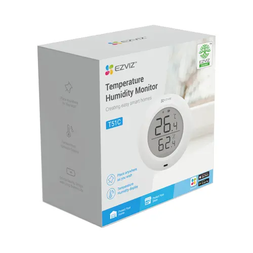 Senzor de temperatura si umiditate Smart Home EZVIZ cu afisaj 1.8 inch, ZigBee 2.4 GHz, CS-T51C