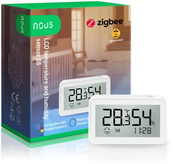 senzor smart de temperatura si umiditate nous cu afisaj e6, lcd, zigbee