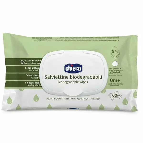 Servetele umede biodegradabile 60 buc, Chicco, 97% apa, Fara parfum, 0 luni+
