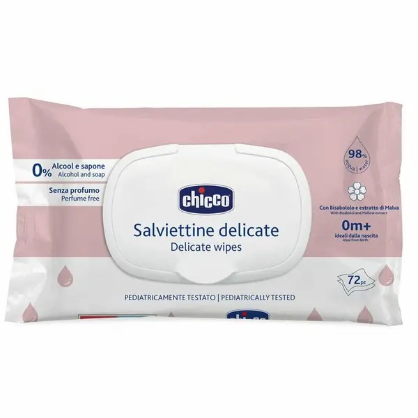 Servetele umede biodegradabile 72 buc, Chicco, 98% apa, Fara parfum, 0 luni+