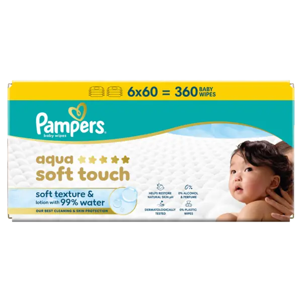 Servetele umede cu 99% apa si lotiune usoara Aqua Soft Touch, 360 bucati, Pampers