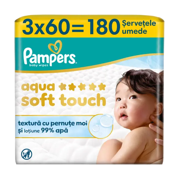 Servetele umede cu 99% apa si lotiune usoara Aqua Soft Touch, 180 bucati, Pampers