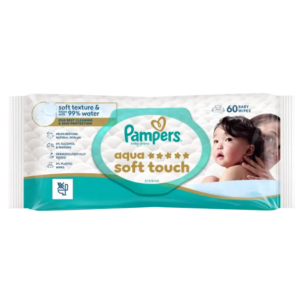 Servetele umede cu 99% apa si lotiune usoara Aqua Soft Touch, 60 bucati, Pampers