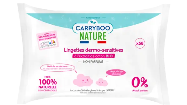Servetele umede hipoalergenice fara parfum si cu extract de bumbac, 58 bucati, Carryboo