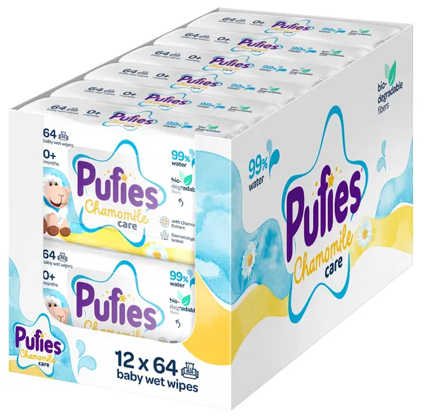 Șervețele umede pentru bebeluși Pufies - Chamomile Care, 99% apă, 12 x 64 bucăți