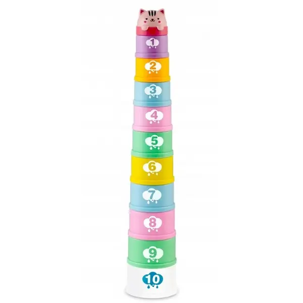 Set 10 cupe jucarie pentru baie Ricokids Bath Toys Pastel multicolor, multifunctionale in forma de turn cu cifre de stivuit, Inspiratie Montessori
