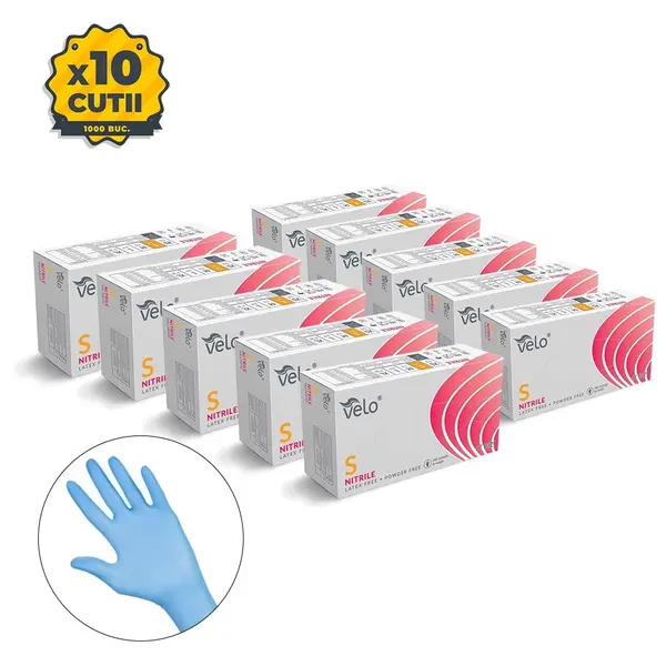 Set 10 cutii manusi unica folosinta, Velo, Nitril, Albastru, 100 buc/cutie (1 bax)