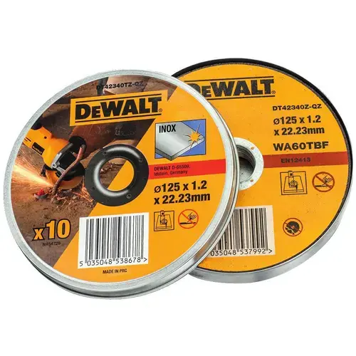 Set 10 discuri de taiere DeWalt DT42340TZ-QZ, Otel inoxidabil, 125mm/22.23mm/1.2mm, Galben