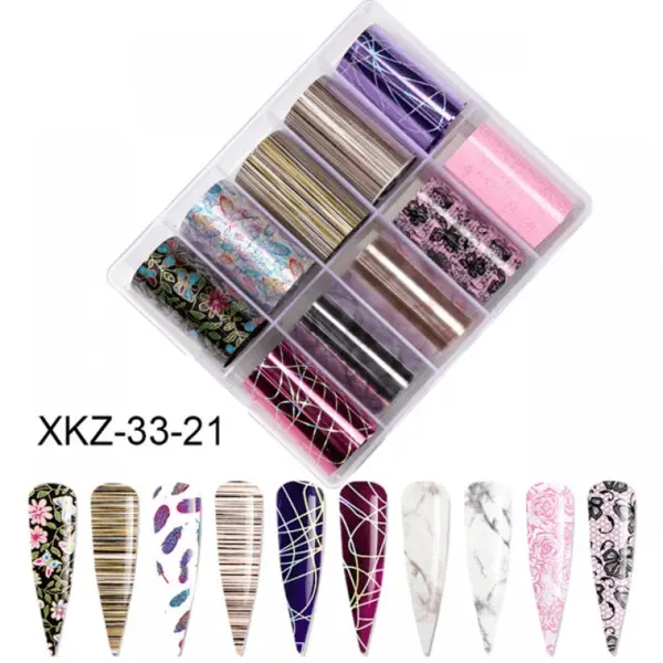 Set 10 Folii Transfer Unghii Mix Design XKZ-33-21 | Nail Art Profesional 100×4 cm