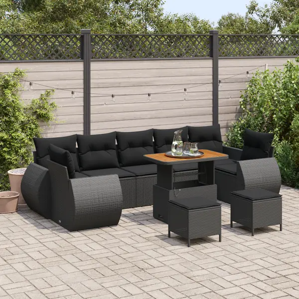 Set 10 piese canapea gradina cu perne negru poliratan acacia, set 3 piese masa gradina cu perne negru poliratan acacia