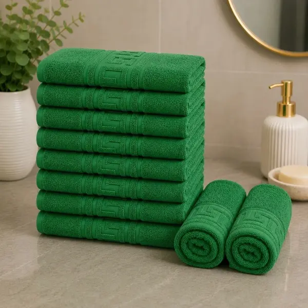 Set 10 prosoape mici, Greek Border, 30x50cm, din 100% bumbac pakistanez, 500g, Verde