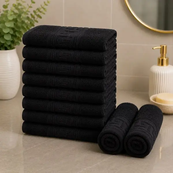 Set 10 prosoape mici, Greek Border, 30x50cm, din 100% bumbac pakistanez, 500g, Negru