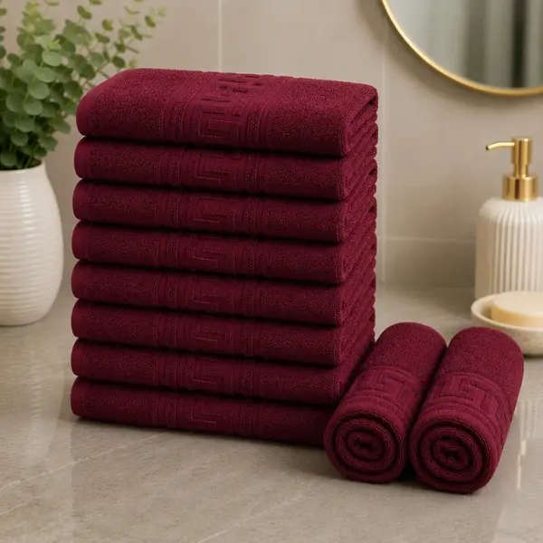 Set 10 prosoape mici, Greek Border, 30x50cm, din 100% bumbac pakistanez, 500g, Grena