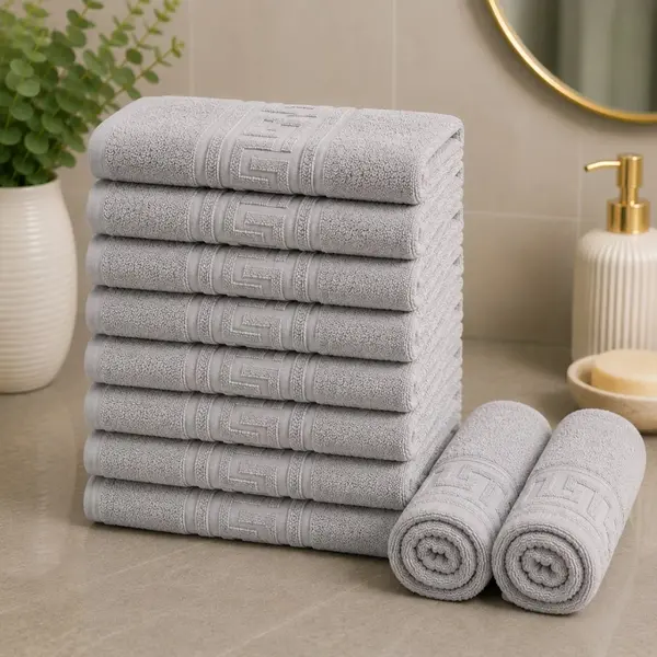 Set 10 prosoape mici, Greek Border, 30x50cm, din 100% bumbac pakistanez, 500g, Gri