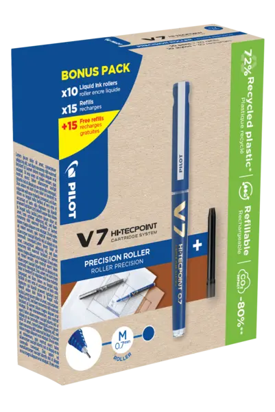 Set 10 rollere cu cerneala Pilot Begreen V7 albastru 0.7 mm si 30 rezerve Set 10 rollere cu cerneala Pilot Begreen V7 albastru 0.7 mm si 30 rezerve