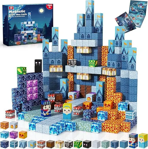 Set 100 piese magnetice de constructie - Minecraft Blocks Blue Castle