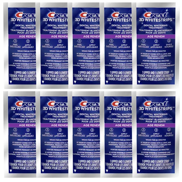 Set 10x Benzi Albirea Dintilor, Crest, 3D White, Age Renew, 14% Concentratie, Tratament 10 zile, 60 min, Nivel Albire 25