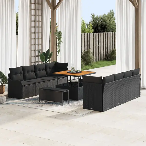 Set 11 piese de sofa pentru gradina cu perne negru ratan poliesteric acacia, sofa de gradina cu doua locuri si perne negru ratan poliesteric, set de dining de gradina 3 piese cu perne negru ratan poliesteric acacia