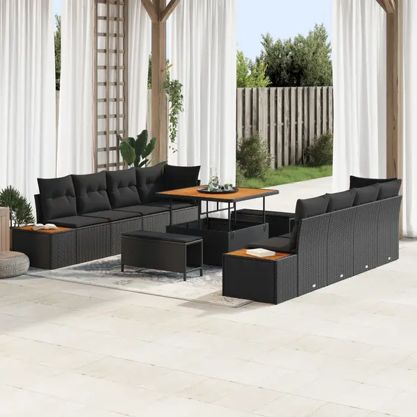 Set 11 piese sofa gradina cu perne ratan poli acacia negru, set 3 piese masa gradina cu perne ratan poli acacia negru