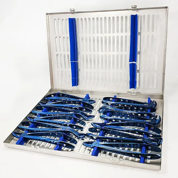 Set 12 clesti extractie din titan plus cutie de sterilizare albastri