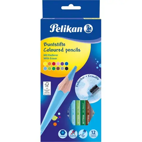 Set 12 creioane colorate Pelikan Lacuite, cu radiera, sectiune hexagonala