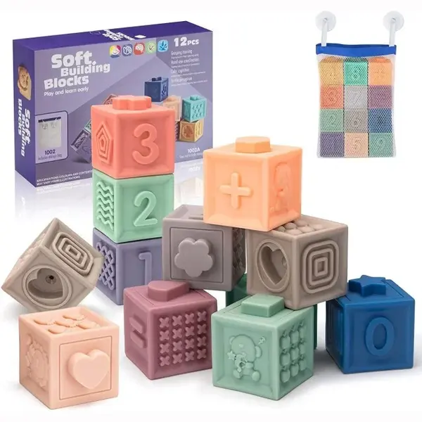 Set 12 cuburi de construit din silicon, jucarie educationala colorata, Empria, Cifre si Forme
