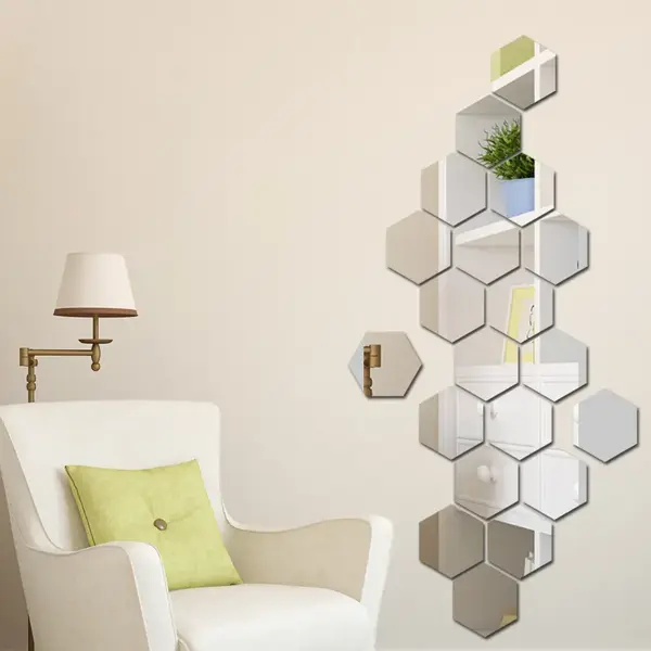 Set 12 oglinzi acrilice autoadezive decorative forma hexagon, diametru 7, 13, 20 si 23 cm