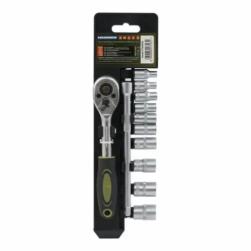 Set 12 piese Heinner, Cheie cu clichet reversibila 1/4'', Bara de extensie: 152mm, capete chei tubulare, chrome vanadium