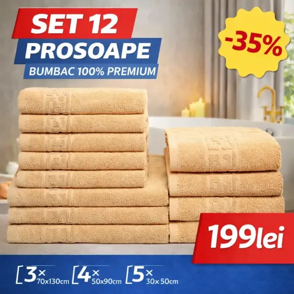 Set 12 Prosoape Maini Fata Corp, Bumbac 100%, 550g m ² - Bej