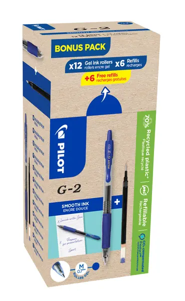 Set 12 rollere cu gel Pilot G2 albastru 0.7 mm si 12 rezerve Set 12 rollere cu gel Pilot G2 albastru 0.7 mm si 12 rezerve