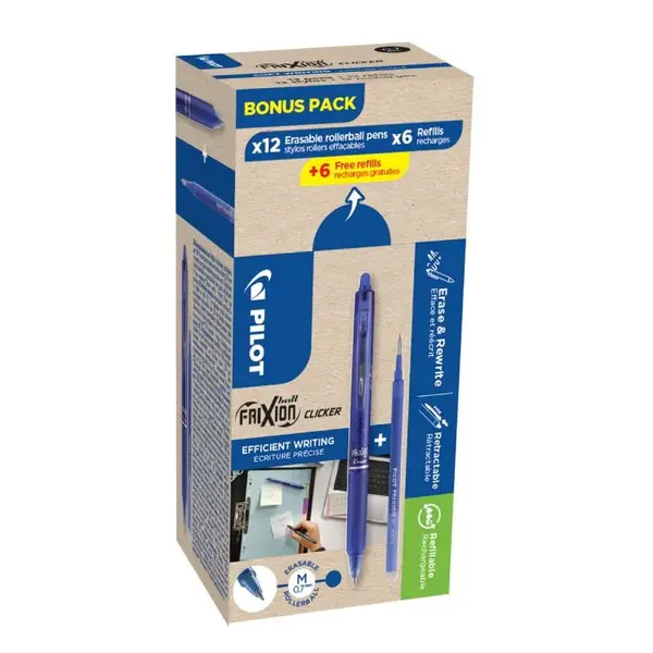 Set 12 rollere Pilot Frixion Clicker 0.7 mm si 12 rezerve albastre Set 12 rollere Pilot Frixion Clicker 0.7 mm si 12 rezerve albastre